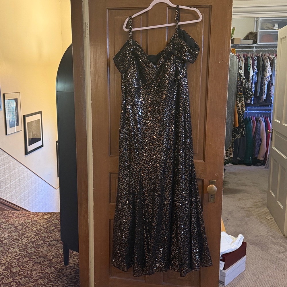 Black and Gold Sequin Off Shoulder Gown